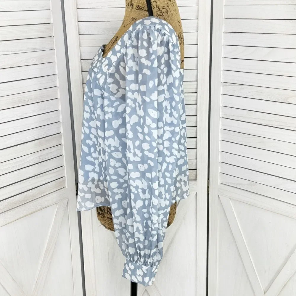 Lucca Petal Print Square‎ Neck Crop Blouse Blue White Large Long Balloon Sleeve